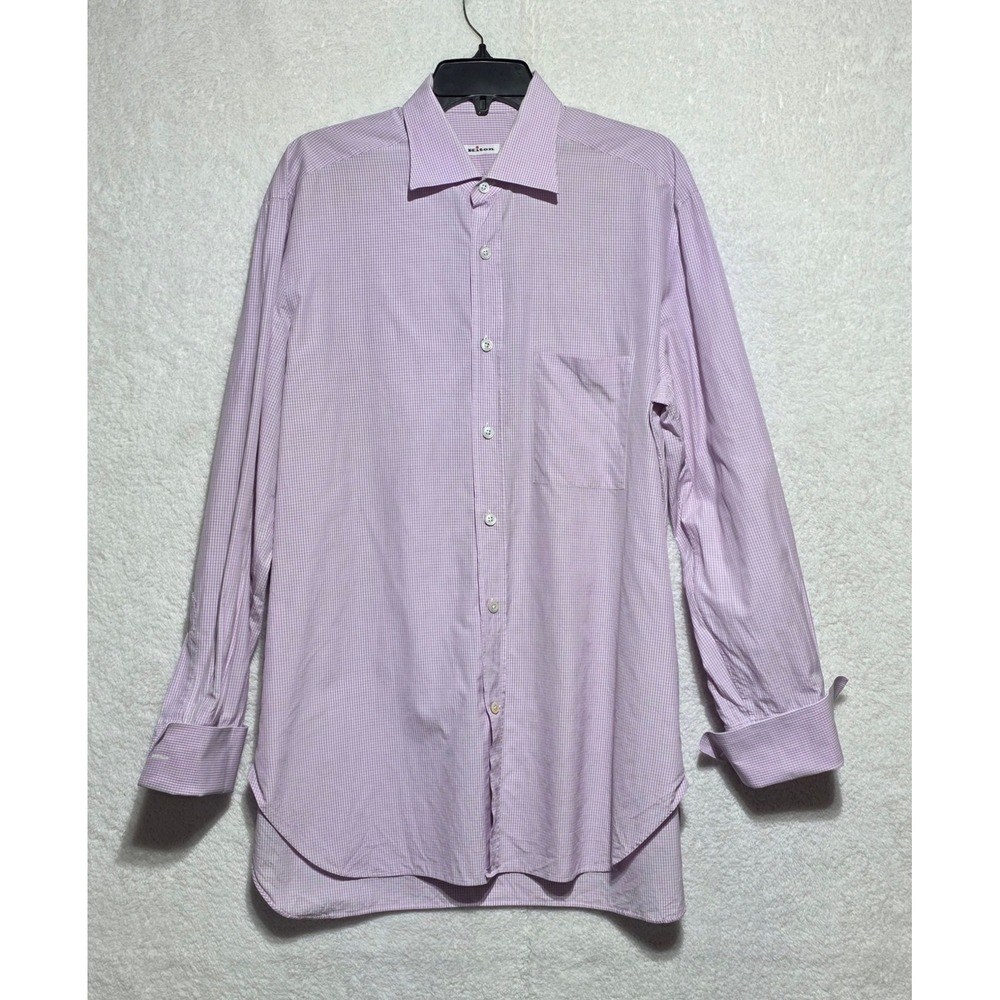 Kiton Men's Purple White Micro Check Cotton Dress Shirt 16.5 42